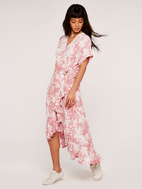 Leaf Print Midi Dress, Pink, large