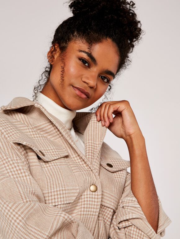 Check Wool Shacket, Stone, large