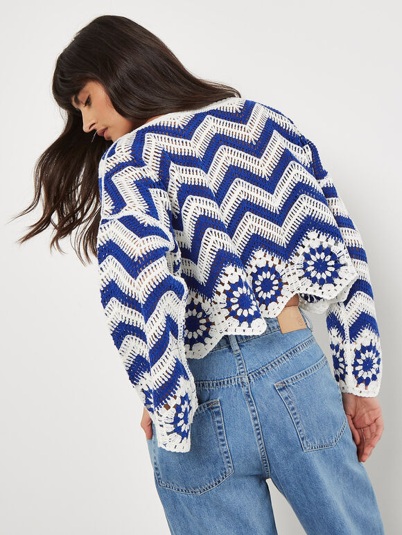 Crochet Chevron Bell Sleeve Top, White, large