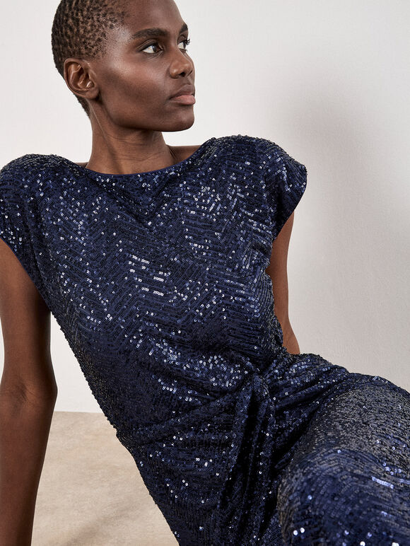 Chevron Sequin Midi Dress, Navy, large