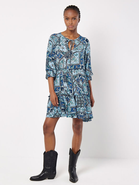 Scarf Print Tiered Mini Dress, Blue, large