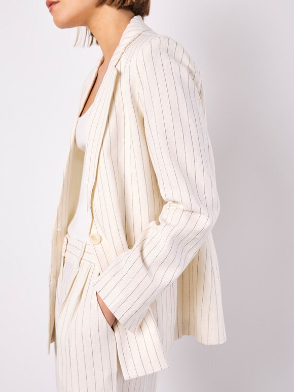 Pinstripe Linen Blend Blazer, Stone, large