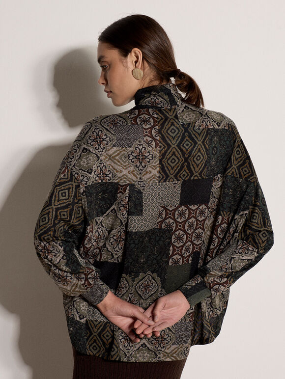 Patchwork Tapestry Roll Neck Top, Khaki, large
