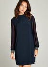 Sheer Sleeve Bead Cuff Shift Dress, Navy, large