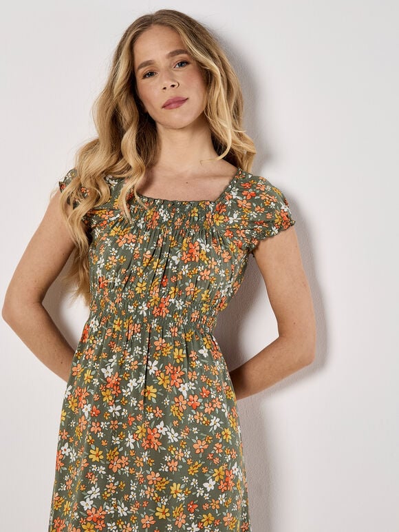 Ditsy Floral Print Milkmaid Midi Dress, Khaki, large