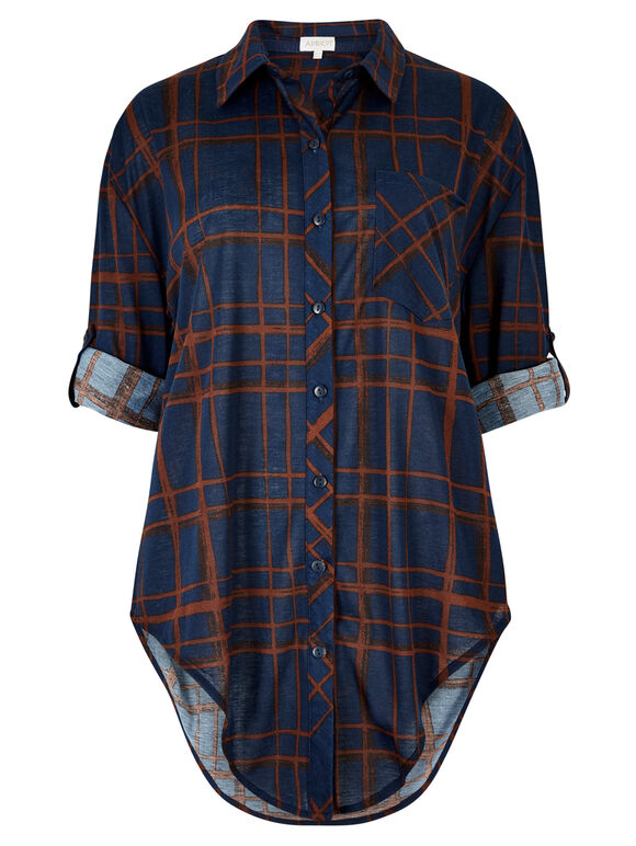 Navy Check Drop Shoulder Shirt, Navy, large