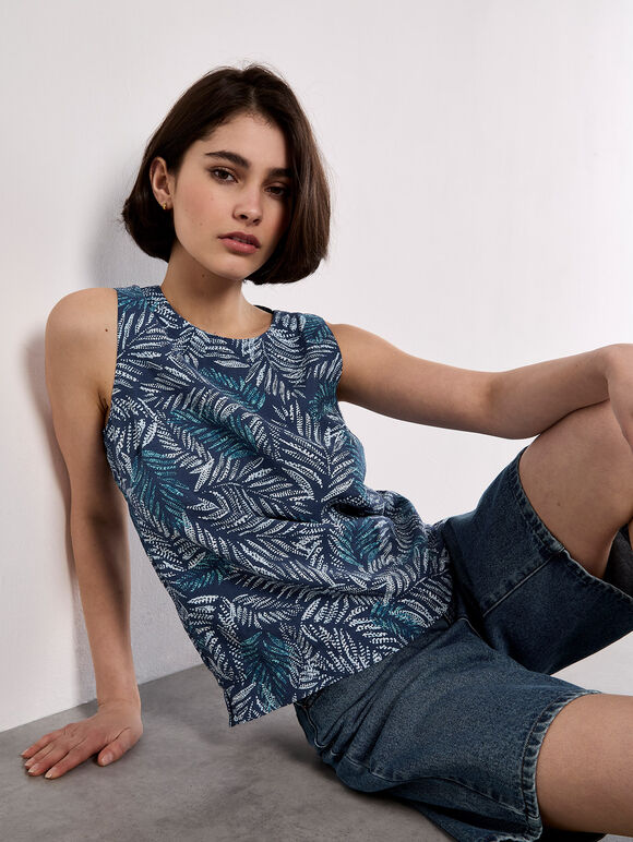 Batik Leaf Print Vest Top, Blue, large