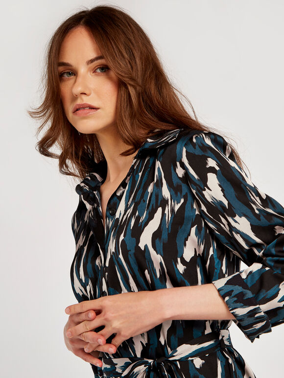 Camo Satin Shirt Dress, Green, large