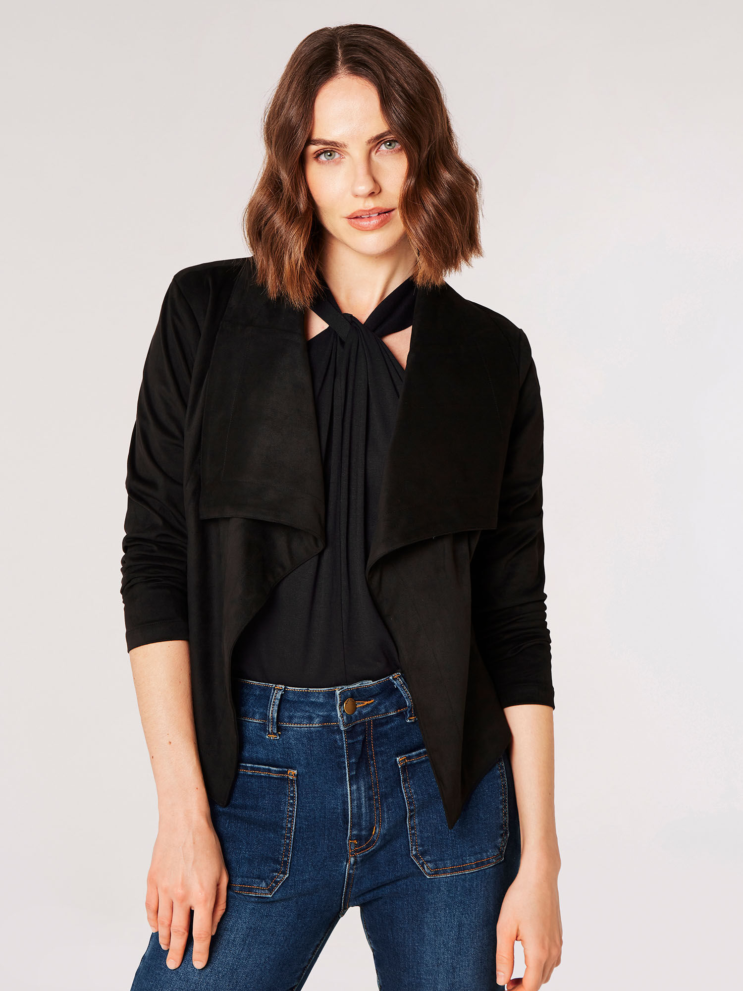 Cropped Suede Waterfall Jacket Apricot Clothing