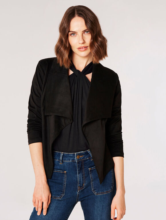 Cropped Suede Waterfall Jacket, Black, large