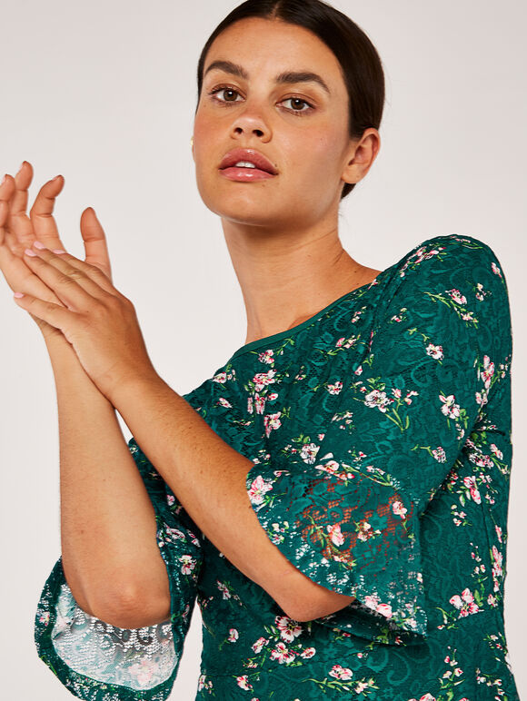  Blossom Lace Bell Sleeve Skater Dress, Green, large