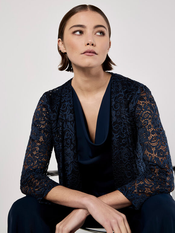 Floral Lace Blazer, Navy, large