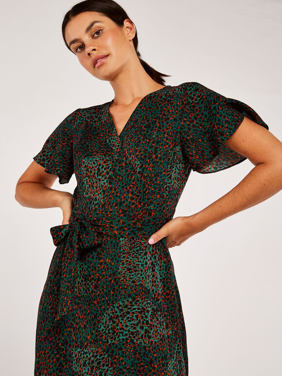 Camouflage Animal Dot Wrap Dress, Green, large