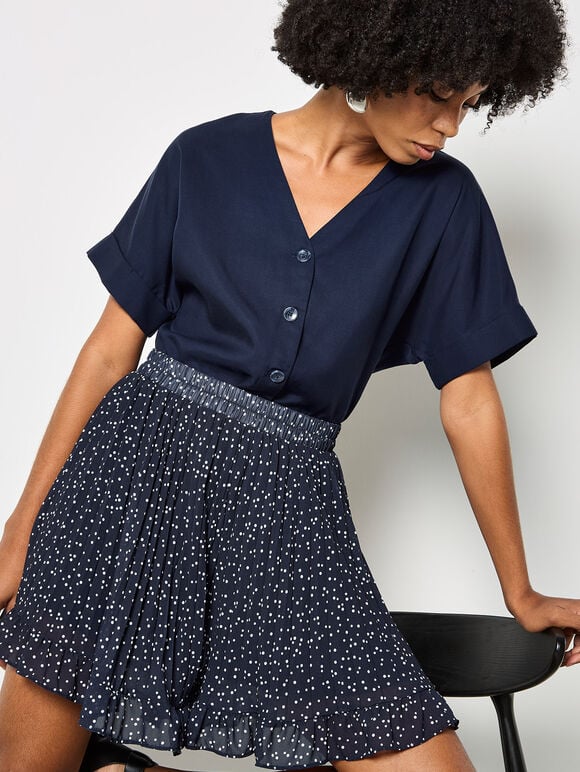 Spot Chiffon Plisse Mini Shorts, Navy, large