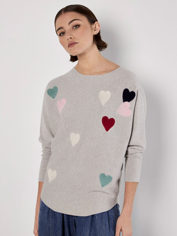 Applique Heart Batwing Jumper, Light Grey / Silver, large