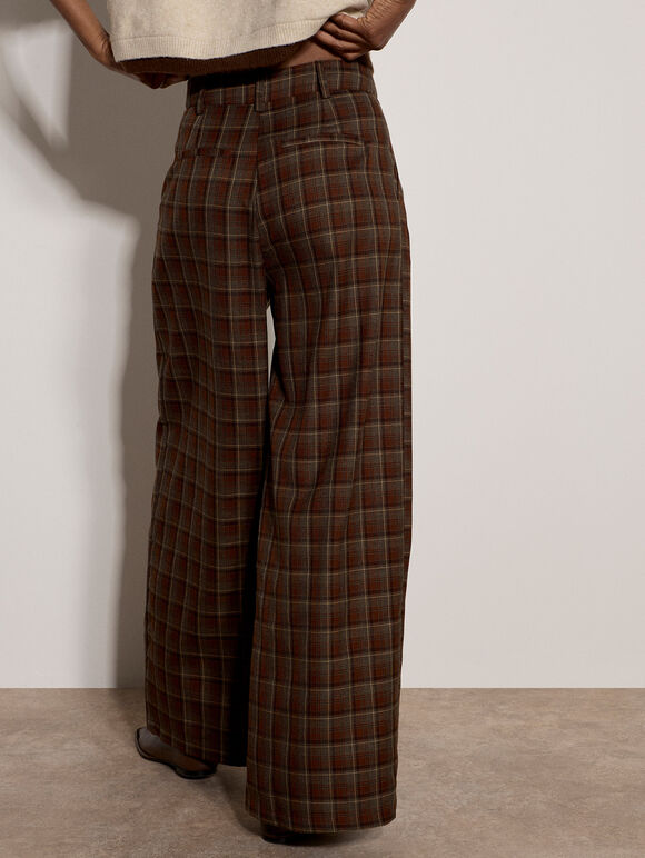 Check Print Tailored Wide-Leg Trousers, Brown, large