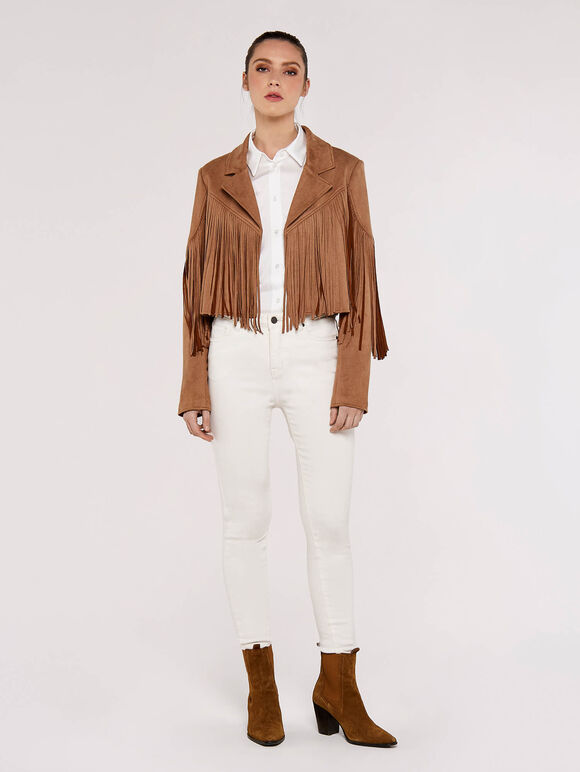 Fringed Suedette Jacket, Brown, large