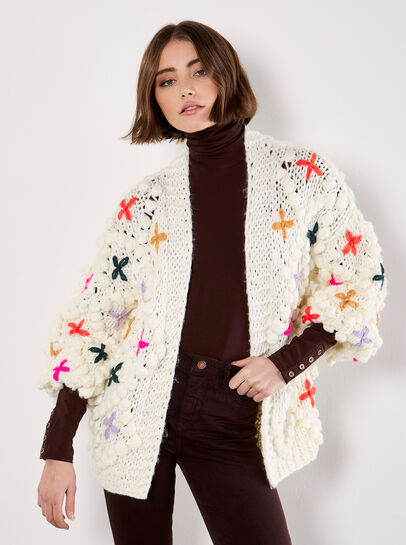 Chunky Knit 3D Flower Cardigan