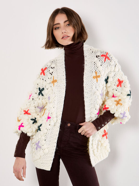 Chunky Knit 3D Flower Cardigan, Cream, large