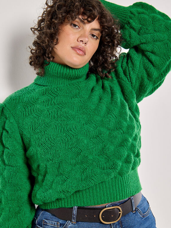 Curve Bubble Knit Roll Neck Jumper, Green, large