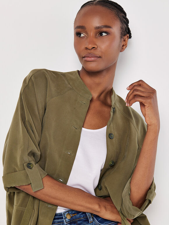 Drawstring Shirt Mini Dress, Khaki, large