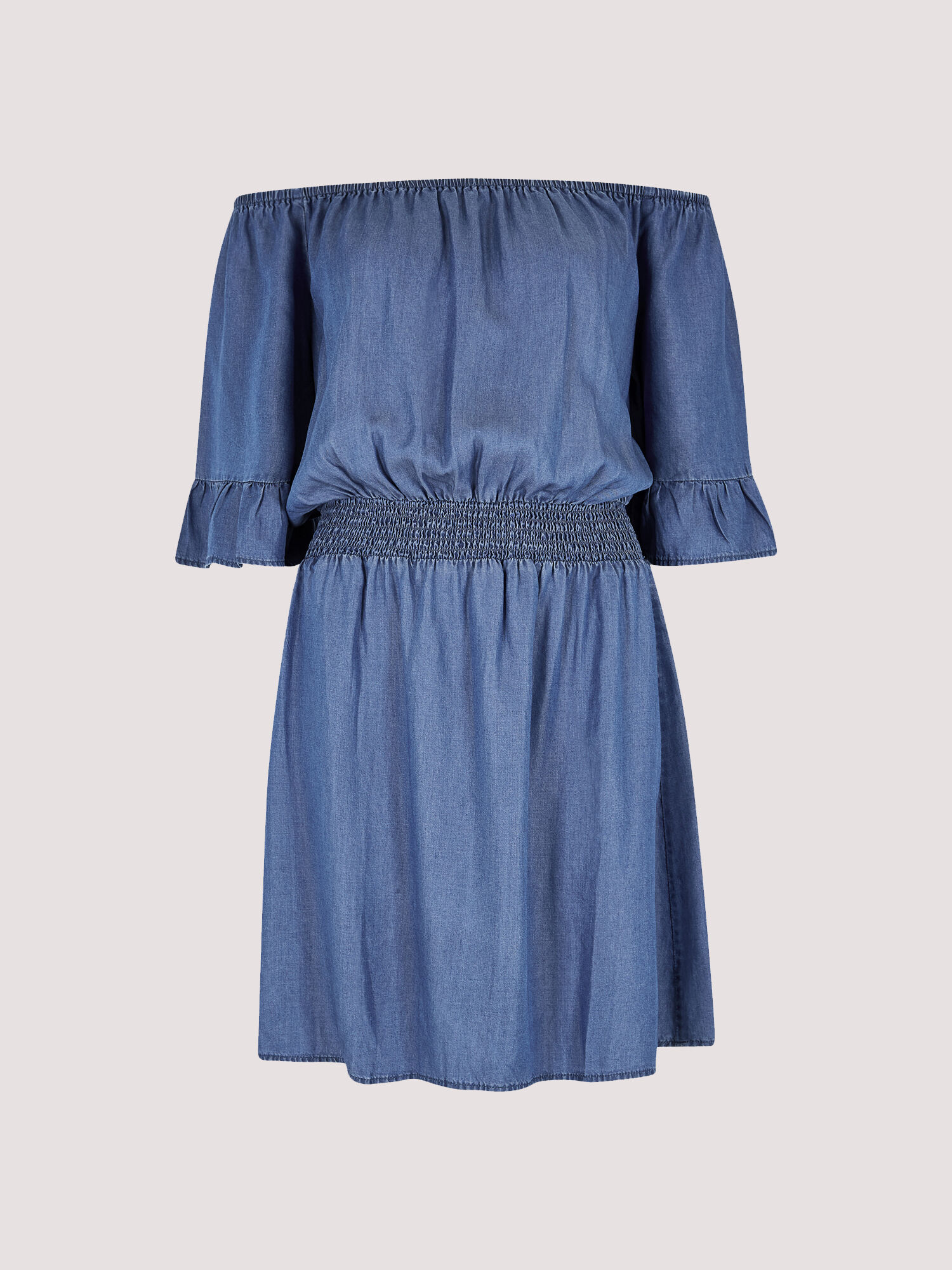 Chambray Bardot Dress Apricot Clothing