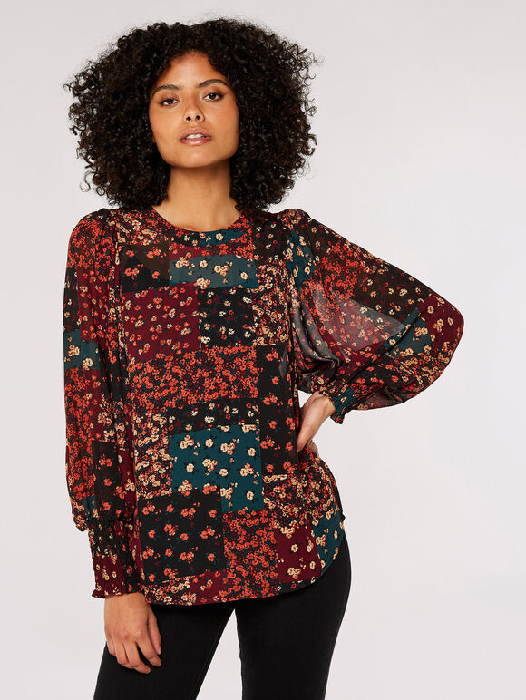 Patchwork Ditsy Floral Top, Black, large