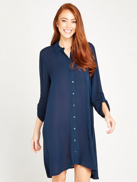 Crinkle Swing Shirt Dress, Navy, large
