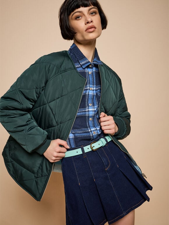 Thin Leather Gold Buckle Belt, Blue, large