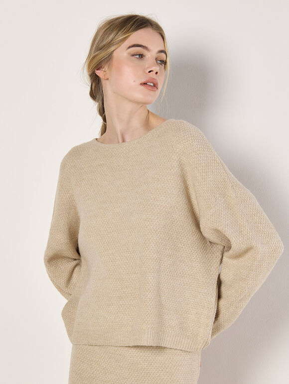 Waffle Knit Batwing Jumper, Stone, large