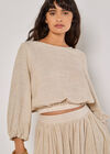 Linen Blend Bubble Hem Crop Top, Stone, large