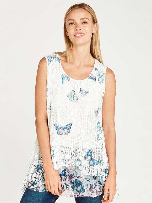 Butterfly Mesh Knit Layered Top, Cream, large