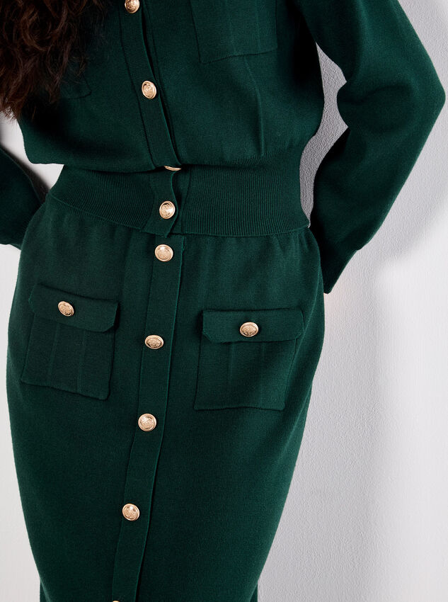 Ribbed Knit Button-Down Midi Skirt, Green, large