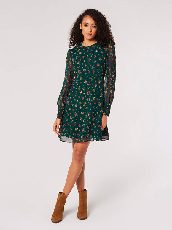 Ditsy Floral Chiffon Mini Dress, Green, large