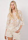 Cotton Blend Crochet Panel Top, Stone, large