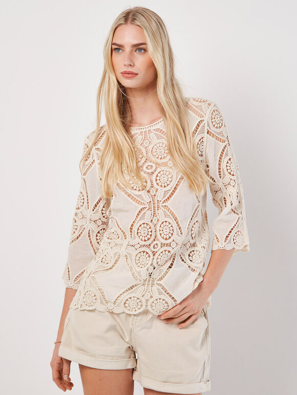Cotton Blend Crochet Panel Top, Stone, large