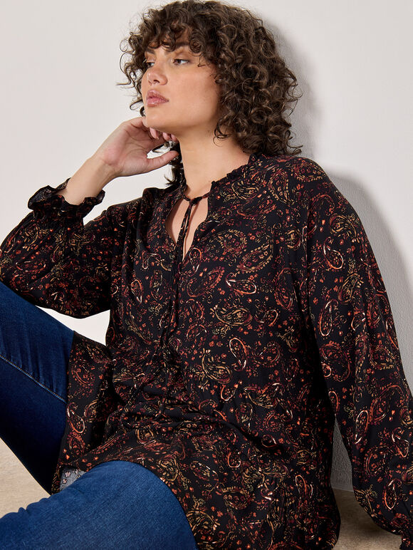 Curve Painterly Paisley Peplum Hem Top, Black, large