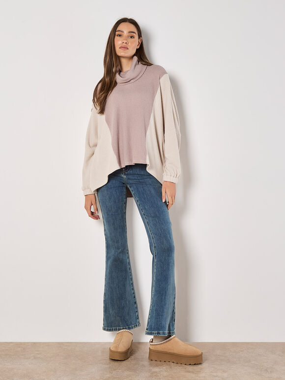 Colour Block Cowl Neck Top, Stone, large