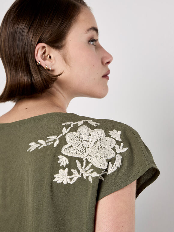 Floral Embroidered Crepe Top, Khaki, large