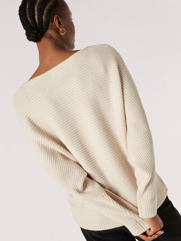 Oversized Ribbed Knit Top, Stone, large