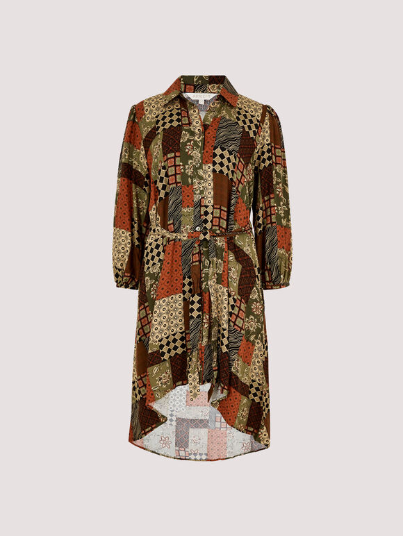 Patchwork Shirt Mini Dress, Khaki, large