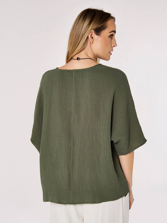 Waffle Batwing Necklace Top, Khaki, large