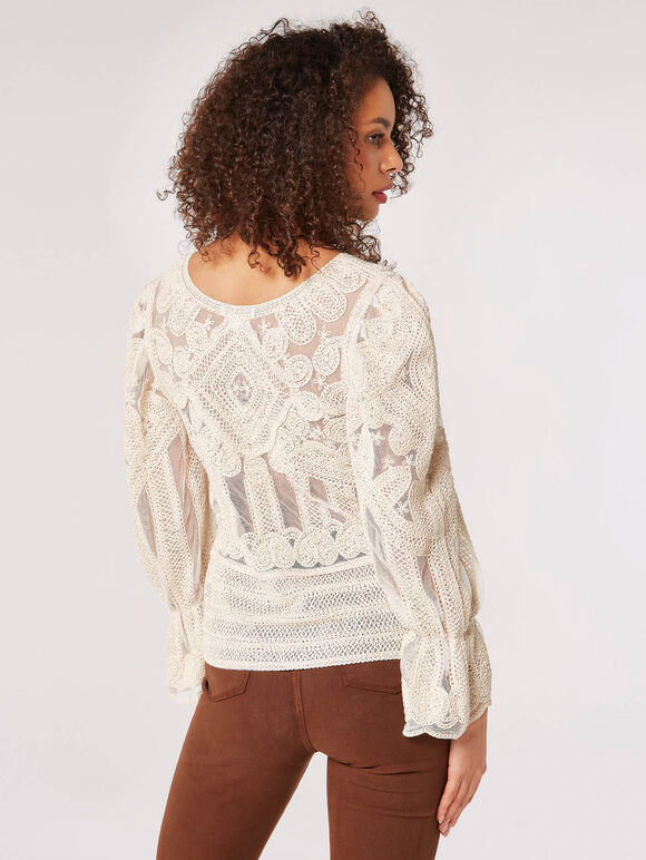 Cotton Embroidered Mesh Top, Stone, large