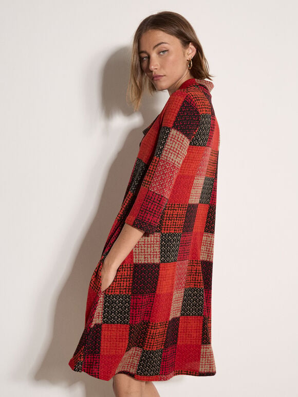 Textured Check Knit Midi Dress, Red, large