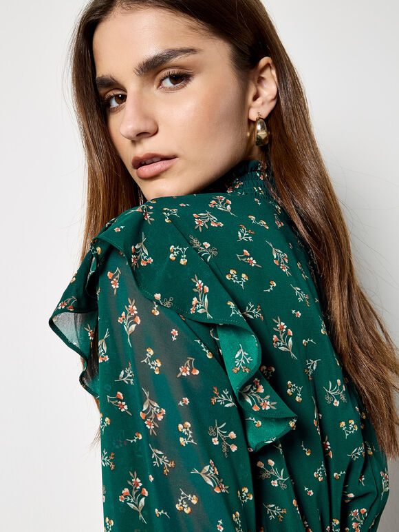 Ditsy Floral Chiffon Tiered Mini Dress, Green, large