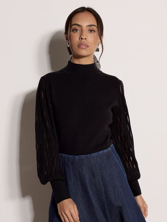 Plait Mesh Sleeve Jumper, Black, large