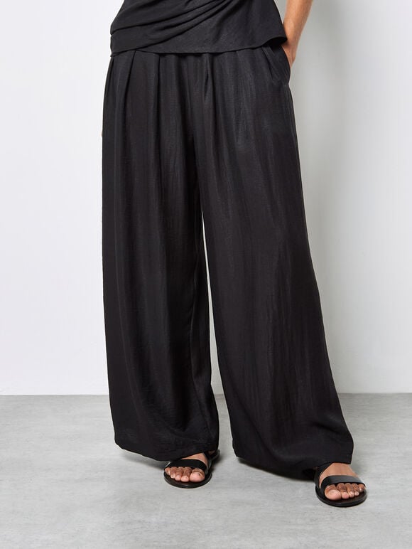 Textured Twill Wide-Leg Trousers, Black, large