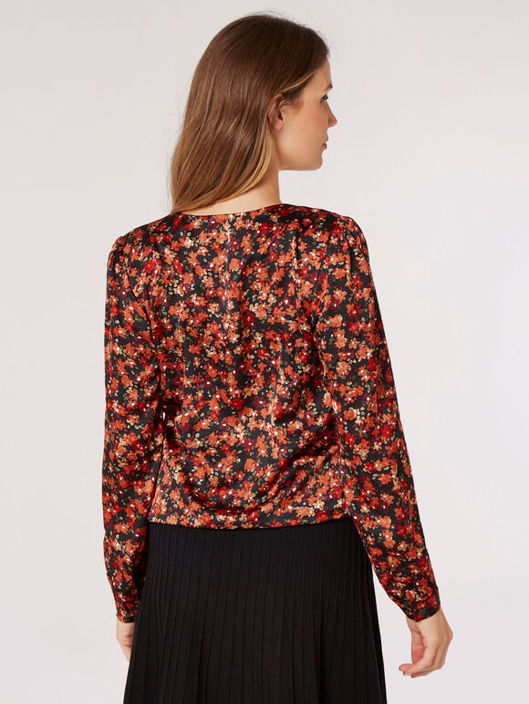 Painterly Floral Wrap Top, Black, large