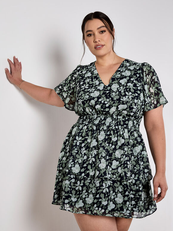 Watercolour Rose Tiered Mini Dress, Navy, large