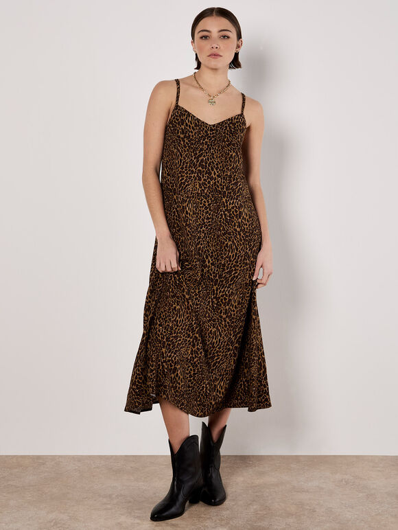 Animal Print Crepe Maxi Slip Dress, Brown, large
